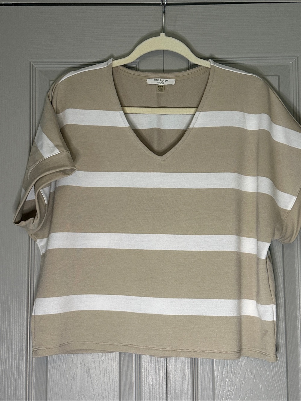 Cable & Gauge Taupe and White Striped V-Neck Short Sleeve Crop Top